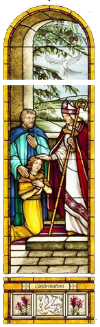 Stained Glass picture of priest confirming a parishioner with oil