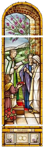 Stained glass picture of priest marrying two people